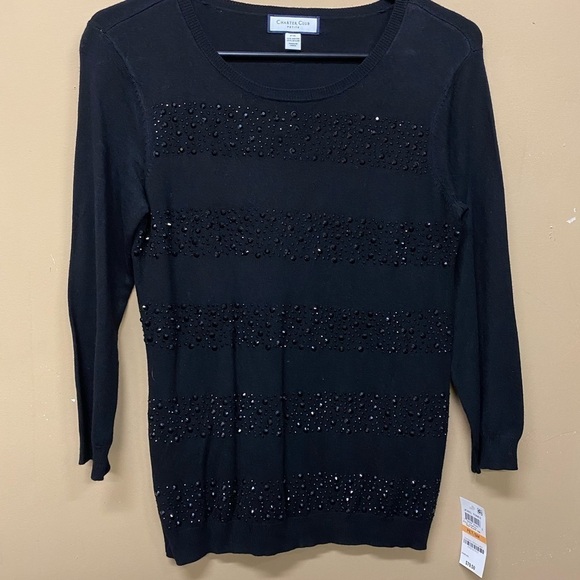 Charter Club Black Bling Knit Top 3/4 Sleeve Size Petite Small NWT - Picture 1 of 6
